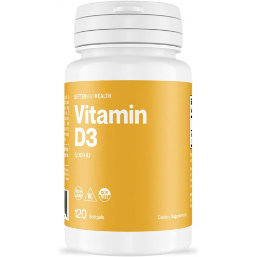 Better Way Health Вітамін D3 - 5000 МО м'якої капсули - високоефективна формула, підтримує здоров'я кісток та імунної системи - 120 м'яких капсул вітаміну D3 - без ГМО, без молочних продуктів Better Way Health Вітамін D3 - 5000 МО м'якої капсули - високоефективна формула, підтримує здоров'я кісток та імунної системи - 120 м'яких капсул вітаміну D3 - без ГМО, без молочних продуктів
