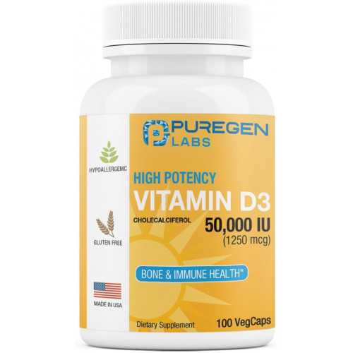 Puregen Labs Вітамін D3 50 000 МО (1250 мкг) 100 тижнів для здорової роботи м’язів і підтримки імунітету, без ГМО, без глютену, 100 рослинних капсул Puregen Labs Вітамін D3 50 000 МО (1250 мкг) 100 тижнів для здорової роботи м’язів і підтримки імунітету, без ГМО, без глютену, 100 рослинних капсул