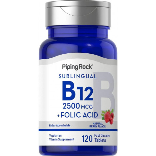Piping Rock Vitamin B12 Сублінгвальний 2500 мкг | 120 таблеток | Ягідний смак | з фолієвою кислотою | Вегетаріанська добавка без ГМО, без глютену Piping Rock Vitamin B12 Сублінгвальний 2500 мкг | 120 таблеток | Ягідний смак | з фолієвою кислотою | Вегетаріанська добавка без ГМО, без глютену