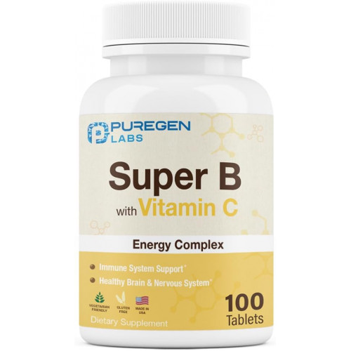 Енергетичний комплекс Puregen Labs Super B з вітаміном С - Здоров'я імунітету, підтримка енергії та нервової системи - 100 вегетаріанських таблеток без ГМО, без глютену Енергетичний комплекс Puregen Labs Super B з вітаміном С - Здоров'я імунітету, підтримка енергії та нервової системи - 100 вегетаріанських таблеток без ГМО, без глютену