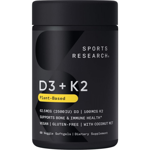 Sports Research Вітамін D3 K2 з кокосовою олією MCT | Vegan D3 2500 МО (62,5 мкг) і рослинний вітамін K2 як добавка MK7 | Веганський сертифікований, без сої та глютену -60 рідких м’яких капсул Sports Research Вітамін D3 K2 з кокосовою олією MCT | Vegan D3 2500 МО (62,5 мкг) і рослинний вітамін K2 як добавка MK7 | Веганський сертифікований, без сої та глютену -60 рідких м’яких капсул