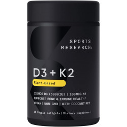 Sports Research Веганська добавка з вітаміном D3 + K2 з органічною кокосовою олією - 5000 МО вітаміну D зі 100 мкг Mk7 Вітамін K - підтримує кальцій для зміцнення кісток і здоров'я імунітету - 30 капсул для дорослих