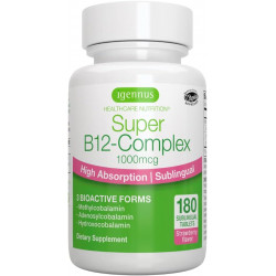 Super B12-Complex 1000 мкг, сублінгвальний вітамін B12, метилкобаламін, 180 порцій, аденозилкобаламін і гідроксокобаламін, чиста етикетка, розплави без цукру з високою абсорбцією, веганські, від Igennus