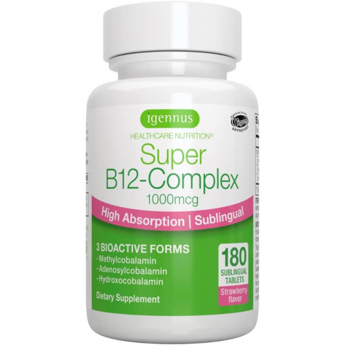 Super B12-Complex 1000 мкг, сублінгвальний вітамін B12, метилкобаламін, 180 порцій, аденозилкобаламін і гідроксокобаламін, чиста етикетка, розплави без цукру з високою абсорбцією, веганські, від Igennus Super B12-Complex 1000 мкг, сублінгвальний вітамін B12, метилкобаламін, 180 порцій, аденозилкобаламін і гідроксокобаламін, чиста етикетка, розплави без цукру з високою абсорбцією, веганські, від Igennus