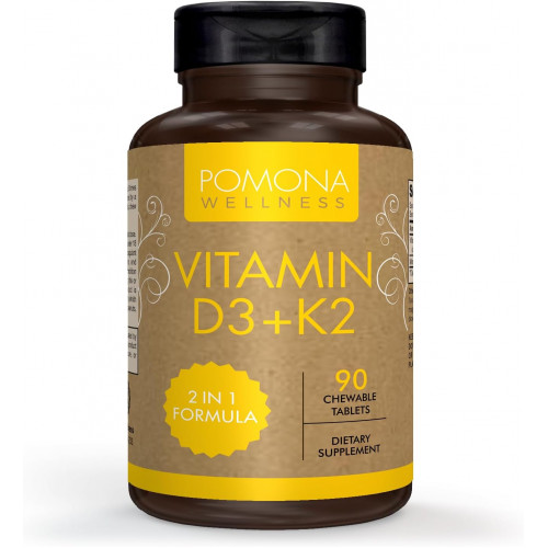 Pomona Wellness Vitamin D-3 з вітаміном K-2: підтримує кістки, імунну підтримку та здоров’я серця, 2000 МО вітаміну D3 та 75 мкг вітаміну K2 MK-7, веганський, без ГМО, 90 жувальних таблеток Pomona Wellness Vitamin D-3 з вітаміном K-2: підтримує кістки, імунну підтримку та здоров’я серця, 2000 МО вітаміну D3 та 75 мкг вітаміну K2 MK-7, веганський, без ГМО, 90 жувальних таблеток