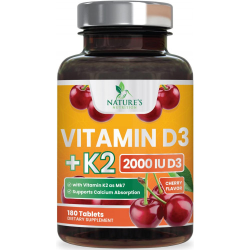 Вітамін D3 K2 як MK -7 з 2000 МО D3 & 75MCG K2, Вітамін К2 Д3 Доповнення сили кістки підтримують поглинання кальцію для здоров’я та кістки + м’язові та імунні підтримки здоров’я - 180 жувальних таблеток Вітамін D3 K2 як MK -7 з 2000 МО D3 & 75MCG K2, Вітамін К2 Д3 Доповнення сили кістки підтримують поглинання кальцію для здоров’я та кістки + м’язові та імунні підтримки здоров’я - 180 жувальних таблеток