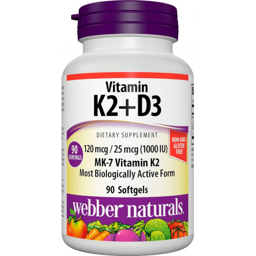 Webber Naturals Vitamin K2 MK-7 (120 мкг) з вітаміном D3 (1000 МО), 90 м’яких капсул, підтримує кістки, зуби та серцево-судинну систему, вітамінна добавка, без глютену та без ГМО Webber Naturals Vitamin K2 MK-7 (120 мкг) з вітаміном D3 (1000 МО), 90 м’яких капсул, підтримує кістки, зуби та серцево-судинну систему, вітамінна добавка, без глютену та без ГМО
