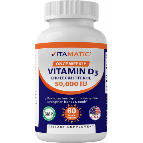 Vitamatic Вітамін D3 50 000 МО (у вигляді холекальциферолу), однотижнева доза, 1250 мкг, 60 вегетаріанських капсул на 1 рік, прогресивна формула, що допомагає при дефіциті вітаміну D (60 штук (упаковка по 1)) Vitamatic Вітамін D3 50 000 МО (у вигляді холекальциферолу), однотижнева доза, 1250 мкг, 60 вегетаріанських капсул на 1 рік, прогресивна формула, що допомагає при дефіциті вітаміну D (60 штук (упаковка по 1))