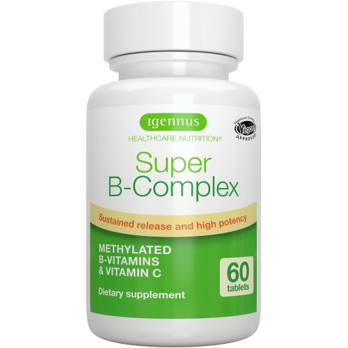 Super B-Complex – метилований уповільнений вивільнення Clean Label B Complex з метилфолатом, посиленим B12 метилкобаламіном, веганський, лабораторно підтверджено, 60 маленьких таблеток, від Igennus Super B-Complex – метилований уповільнений вивільнення Clean Label B Complex з метилфолатом, посиленим B12 метилкобаламіном, веганський, лабораторно підтверджено, 60 маленьких таблеток, від Igennus