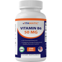 Vitamatic Vitamin B6 (Pyridoxine HCI), 50 мг, 250 вегетаріанських таблеток - Сприяє виробленню енергії, прискорює метаболізм і підтримує здоров'я імунітету