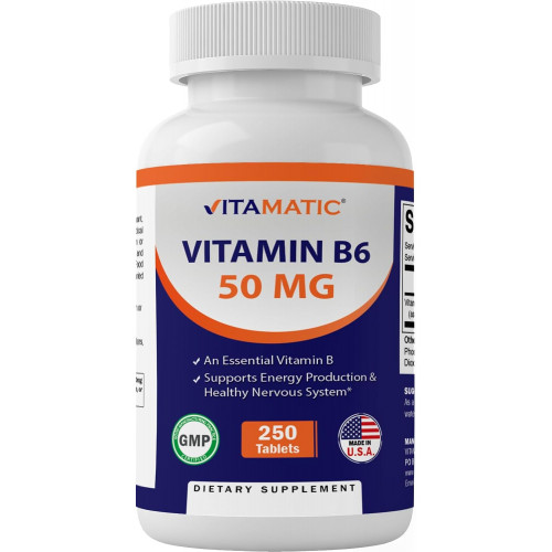 Vitamatic Vitamin B6 (Pyridoxine HCI), 50 мг, 250 вегетаріанських таблеток - Сприяє виробленню енергії, прискорює метаболізм і підтримує здоров'я імунітету Vitamatic Vitamin B6 (Pyridoxine HCI), 50 мг, 250 вегетаріанських таблеток - Сприяє виробленню енергії, прискорює метаболізм і підтримує здоров'я імунітету