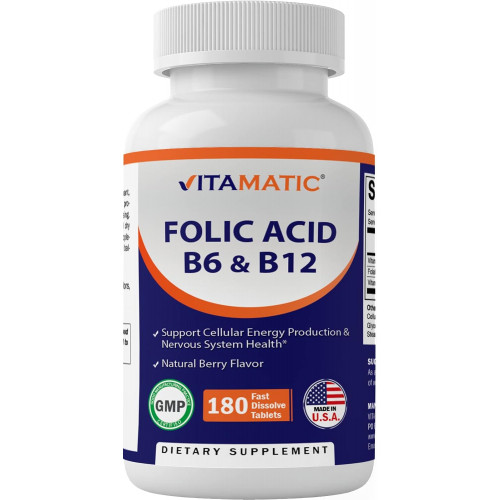 Vitamatic Folic Acid B12 B6 - Здоров'я серця, енергія та підтримка еритроцитів - 180 швидкорозчинних таблеток Vitamatic Folic Acid B12 B6 - Здоров'я серця, енергія та підтримка еритроцитів - 180 швидкорозчинних таблеток