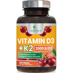 Вітамін D3 K2 як MK -7 з 2000 МО D3 & 75mcg K2, Вітамін К2 Д3 добавки сили кістки підтримують поглинання кальцію для здоров’я та кістки + м’язові та імунні підтримки здоров'я - 120 жувальних таблеток