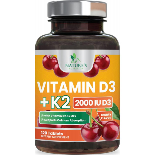 Вітамін D3 K2 як MK -7 з 2000 МО D3 & 75mcg K2, Вітамін К2 Д3 добавки сили кістки підтримують поглинання кальцію для здоров’я та кістки + м’язові та імунні підтримки здоров'я - 120 жувальних таблеток