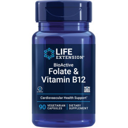 Life Extension BioActive Folate & Vitamin B12, сприяє здоров’ю серця, мозку та шлунково-кишкового тракту, без ГМО, без глютену, вегетаріанський, 90 капсул