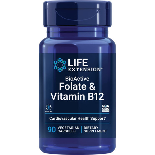 Life Extension BioActive Folate & Vitamin B12, сприяє здоров’ю серця, мозку та шлунково-кишкового тракту, без ГМО, без глютену, вегетаріанський, 90 капсул Life Extension BioActive Folate & Vitamin B12, сприяє здоров’ю серця, мозку та шлунково-кишкового тракту, без ГМО, без глютену, вегетаріанський, 90 капсул