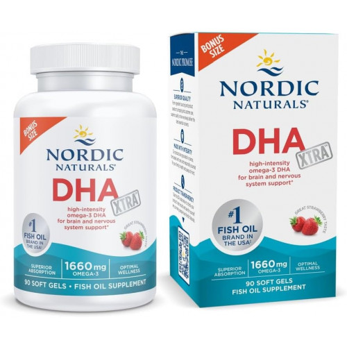 Nordic Naturals DHA Xtra, Полуниця - 90 м'яких гелів - 1660 мг Омега-3 - Високоінтенсивна формула DHA для підтримки мозку та нервової системи - Без ГМО - 45 порцій Nordic Naturals DHA Xtra, Полуниця - 90 м'яких гелів - 1660 мг Омега-3 - Високоінтенсивна формула DHA для підтримки мозку та нервової системи - Без ГМО - 45 порцій