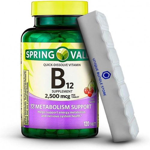 Spring Valley, Вітамін B12 2500 мкг, B12, швидкорозчинні таблетки зі смаком вишні, дієтична добавка, вітамін B12, 120 штук + 7-денний органайзер для таблеток (упаковка з 1) Spring Valley, Вітамін B12 2500 мкг, B12, швидкорозчинні таблетки зі смаком вишні, дієтична добавка, вітамін B12, 120 штук + 7-денний органайзер для таблеток (упаковка з 1)
