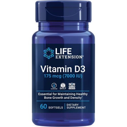 Life Extension Вітамін D3 175 мкг (7000 МО), підтримка імунної системи, здоров’я кісток, продуктивність мозку, без глютену, без ГМО, один раз на день, запас на два місяці, 60 м’яких капсул Life Extension Вітамін D3 175 мкг (7000 МО), підтримка імунної системи, здоров’я кісток, продуктивність мозку, без глютену, без ГМО, один раз на день, запас на два місяці, 60 м’яких капсул