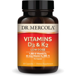 Вітаміни Dr. Mercola D3 і K2 у низькій дозі, 30 порцій (30 капсул), 1000 МО вітаміну D3 і 45 мкг вітаміну K2 (MK-7) на капсулу, дієтична добавка, підтримує здорову імунну функцію, без ГМО