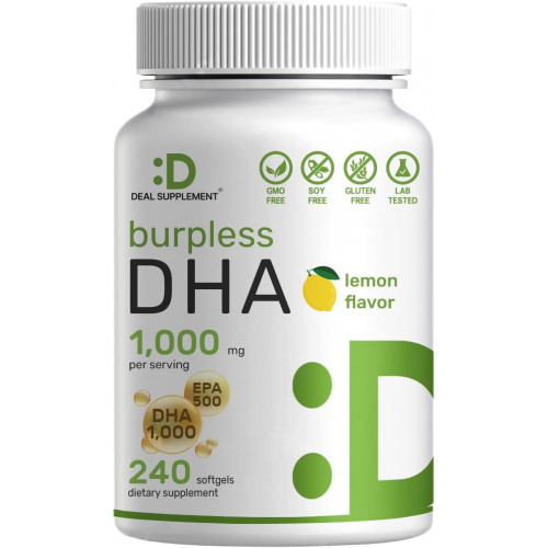 DEAL ДОДАТОК DHA добавки | 240 капсул, без відрижки, зі смаком лимона, DHA 1000 мг + EPA 500 мг, виловлена дика риба, багата омега-3, без ртуті, без ГМО, підтримує здоров’я мозку, серця та суглобів DEAL ДОДАТОК DHA добавки | 240 капсул, без відрижки, зі смаком лимона, DHA 1000 мг + EPA 500 мг, виловлена дика риба, багата омега-3, без ртуті, без ГМО, підтримує здоров’я мозку, серця та суглобів