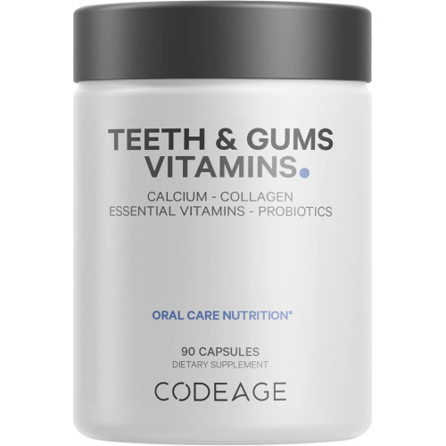 Codeage Teeth & Gums Вітаміни + пероральні пробіотики для порожнини рота - Цільнохарчовий кальцій, колаген, калій, вітамін С, D3, K2, цинк - Полівітамінні добавки для догляду за ротовою порожниною та зубами - 90 капсул Codeage Teeth & Gums Вітаміни + пероральні пробіотики для порожнини рота - Цільнохарчовий кальцій, колаген, калій, вітамін С, D3, K2, цинк - Полівітамінні добавки для догляду за ротовою порожниною та зубами - 90 капсул