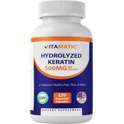 Vitamatic Hydrolyzed Keratin 500 мг на порцію - 120 вегетаріанських капсул - Кератинові добавки для здорового волосся, шкіри та нігтів для дорослих