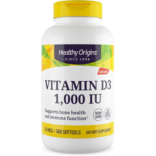 Healthy Origins Вітамін D3 (ланолін) 1000 МО м’яка капсула – Добавка для підтримки здоров’я кісток та імунітету – Добавки з вітаміном D, що легко засвоюються – Добавка вітаміну D3 без глютену – 360 капсул