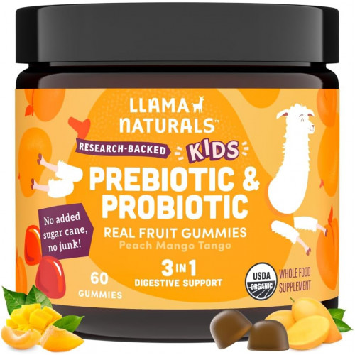 Llama Naturals Real Fruit Prebiotic & Probiotic Kids Gummies, без додавання цукрової тростини, веганські органічні синбіотики, дитяче травлення, дитячі болі в животику, здоров’я кишечника, 2B CFU, 60 ct (30 днів) персик манго Llama Naturals Real Fruit Prebiotic & Probiotic Kids Gummies, без додавання цукрової тростини, веганські органічні синбіотики, дитяче травлення, дитячі болі в животику, здоров’я кишечника, 2B CFU, 60 ct (30 днів) персик манго