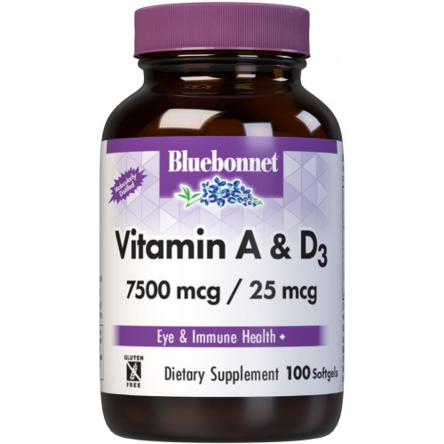 Вітамін A & D3 Bluebonnet Nutrition 25 000 МО/1 000 МО з морських глибин, холодної води, риб’ячого жиру - для здоров'я очей і імунної функції* - Без глютену - Без молочних продуктів - Молекулярно дистильований - 100 капсул/порції Вітамін A & D3 Bluebonnet Nutrition 25 000 МО/1 000 МО з морських глибин, холодної води, риб’ячого жиру - для здоров'я очей і імунної функції* - Без глютену - Без молочних продуктів - Молекулярно дистильований - 100 капсул/порції