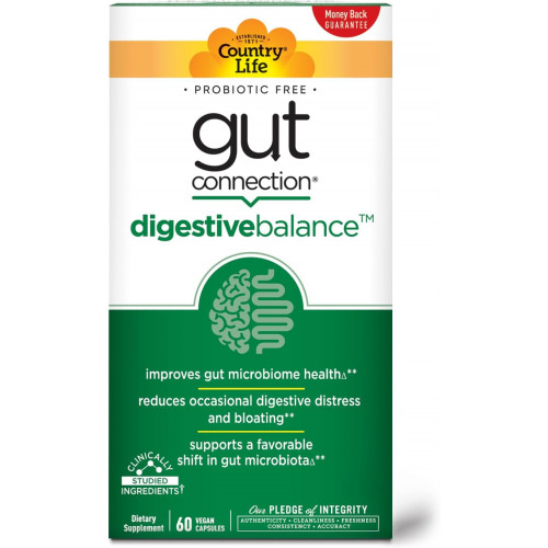 Country Life Gut Connection Digestive Balance 60 веганських капсул, сертифікований без глютену, сертифікований веганський, без ГМО. Country Life Gut Connection Digestive Balance 60 веганських капсул, сертифікований без глютену, сертифікований веганський, без ГМО.