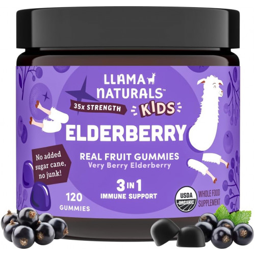 Llama Naturals Real Fruit Sambucus Elderberry Gummies для дітей, без додавання цукрової тростини, веганські, органічні для підтримки імунітету малюків, цинк і вітамін С. Діти 120 штук (2-4 місяці) Llama Naturals Real Fruit Sambucus Elderberry Gummies для дітей, без додавання цукрової тростини, веганські, органічні для підтримки імунітету малюків, цинк і вітамін С. Діти 120 штук (2-4 місяці)