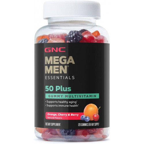 GNC Mega Men Essentials 50 Plus Gummy Multivitamin | Підтримує здорове старіння та здоров'я імунітету | Апельсин, вишня та ягода | 120 граф GNC Mega Men Essentials 50 Plus Gummy Multivitamin | Підтримує здорове старіння та здоров'я імунітету | Апельсин, вишня та ягода | 120 граф