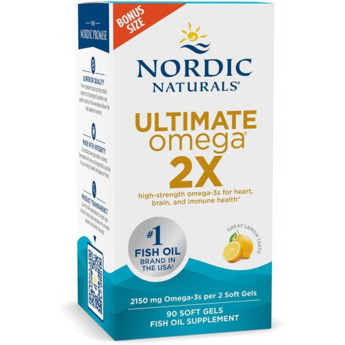 Nordic Naturals Ultimate Omega 2X, зі смаком лимона - 90 м'яких гелів - 2150 мг Омега - Високопотенційний риб'ячий жир Омега-3 з EPA та DHA - Сприяє здоров'ю мозку та серця - Без ГМО - 45 порцій Nordic Naturals Ultimate Omega 2X, зі смаком лимона - 90 м'яких гелів - 2150 мг Омега - Високопотенційний риб'ячий жир Омега-3 з EPA та DHA - Сприяє здоров'ю мозку та серця - Без ГМО - 45 порцій
