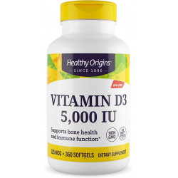 Healthy Origins Вітамін D3 (ланолін) 5000 МО - Добавка для підтримки здоров'я кісток і імунітету - Добавки з вітаміном D, що легко засвоюються - Добавка з вітаміном D3 без глютену - 360 капсул