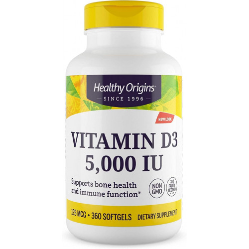 Healthy Origins Вітамін D3 (ланолін) 5000 МО - Добавка для підтримки здоров'я кісток і імунітету - Добавки з вітаміном D, що легко засвоюються - Добавка з вітаміном D3 без глютену - 360 капсул Healthy Origins Вітамін D3 (ланолін) 5000 МО - Добавка для підтримки здоров'я кісток і імунітету - Добавки з вітаміном D, що легко засвоюються - Добавка з вітаміном D3 без глютену - 360 капсул