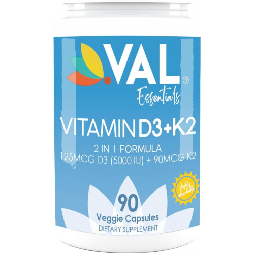 VAL Essentials Vitamin K2 + D3 Supplement - High Potency 5000 IU D3 & 90 mcg K2 MK-7, Non-GMO, Легкий для ковтання Комплекс вітамінів D & K, 90 вегетаріанських капсул VAL Essentials Vitamin K2 + D3 Supplement - High Potency 5000 IU D3 & 90 mcg K2 MK-7, Non-GMO, Легкий для ковтання Комплекс вітамінів D & K, 90 вегетаріанських капсул