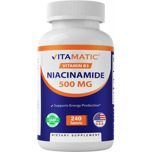 Vitamatic Niacinamide 500 мг 240 таблеток - Вітамін B3 без промивання - Підтримує виробництво енергії Vitamatic Niacinamide 500 мг 240 таблеток - Вітамін B3 без промивання - Підтримує виробництво енергії