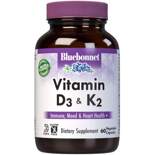 Bluebonnet Nutrition Вітамін D3 і K2, без сої, для міцних і здорових кісток*, без глютену, без ГМО, без молочних продуктів, сертифікований кошерний, вегетаріанський, 60 овочевих капсул, 60 порцій Bluebonnet Nutrition Вітамін D3 і K2, без сої, для міцних і здорових кісток*, без глютену, без ГМО, без молочних продуктів, сертифікований кошерний, вегетаріанський, 60 овочевих капсул, 60 порцій