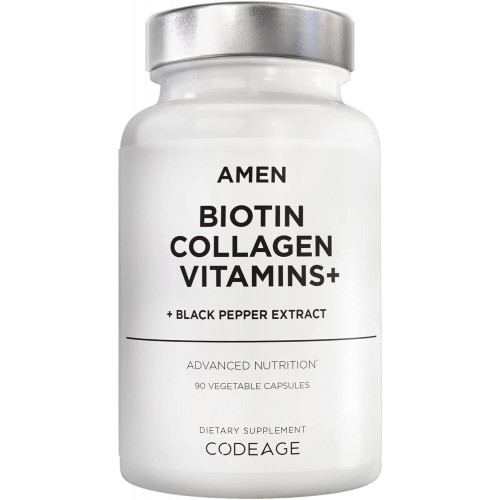 Amen Biotin Collagen Vitamins+ Розширена підтримка волосся, шкіри, нігтів та імунітету - 10 000 мкг біотину, колагену, кератину, вітамінів С і Е, фолієвої кислоти, гіалуронової кислоти, МСМ - 3-місячний запас, без ГМО - 90 капсул Amen Biotin Collagen Vitamins+ Розширена підтримка волосся, шкіри, нігтів та імунітету - 10 000 мкг біотину, колагену, кератину, вітамінів С і Е, фолієвої кислоти, гіалуронової кислоти, МСМ - 3-місячний запас, без ГМО - 90 капсул