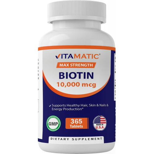 Vitamatic Biotin 10 000 мкг (10 мг) для зміцнення волосся, шкіри та нігтів - 365 веганських таблеток - також називається вітамін B7 Vitamatic Biotin 10 000 мкг (10 мг) для зміцнення волосся, шкіри та нігтів - 365 веганських таблеток - також називається вітамін B7