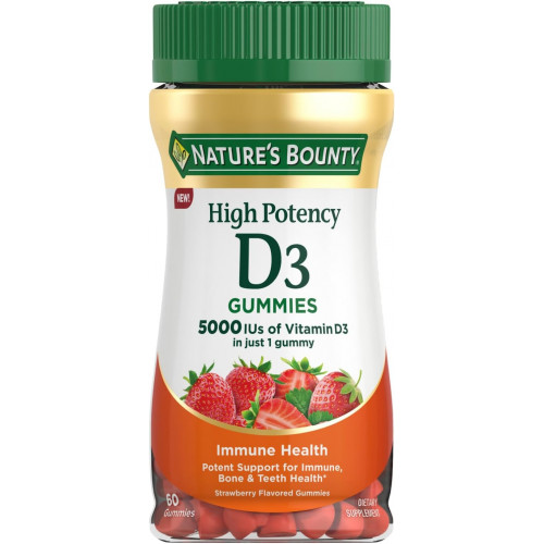 Високоефективний вітамін D3 Nature's Bounty 5000 МО, добавка для підтримки імунітету, 5000 МО, смак полуниці, 60 цукерок Високоефективний вітамін D3 Nature's Bounty 5000 МО, добавка для підтримки імунітету, 5000 МО, смак полуниці, 60 цукерок