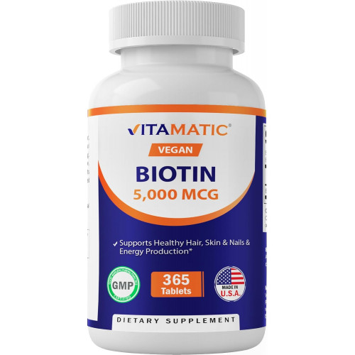 Vitamatic Biotin 5000 мкг (5 мг) для зміцнення волосся, шкіри та нігтів - 365 веганських таблеток - також називається Вітамін B7 Vitamatic Biotin 5000 мкг (5 мг) для зміцнення волосся, шкіри та нігтів - 365 веганських таблеток - також називається Вітамін B7