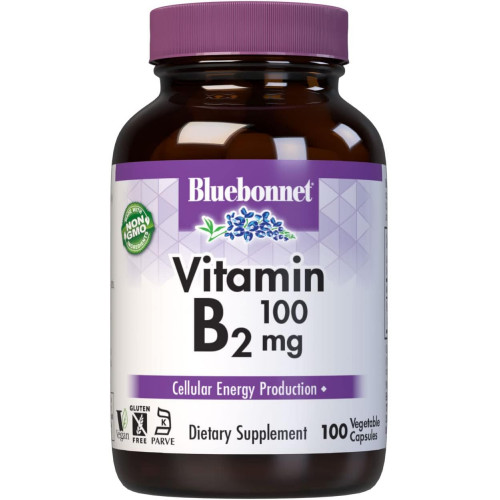 Вітамін B2 Bluebonnet Nutrition 100 мг, для здоров’я серцево-судинної та нервової систем, без сої, без глютену, сертифікований кошерний, без молочних продуктів, для веганів, без ГМО, 100 овочевих капсул, 100 порцій Вітамін B2 Bluebonnet Nutrition 100 мг, для здоров’я серцево-судинної та нервової систем, без сої, без глютену, сертифікований кошерний, без молочних продуктів, для веганів, без ГМО, 100 овочевих капсул, 100 порцій
