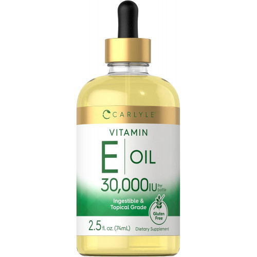 Carlyle Vitamin E Oil | 30 000 МО | 2,5 рідкої унції | Придатний для ковтання та актуальний сорт | Зволоження шкіри | Вегетаріанська добавка без ГМО, без глютену Carlyle Vitamin E Oil | 30 000 МО | 2,5 рідкої унції | Придатний для ковтання та актуальний сорт | Зволоження шкіри | Вегетаріанська добавка без ГМО, без глютену