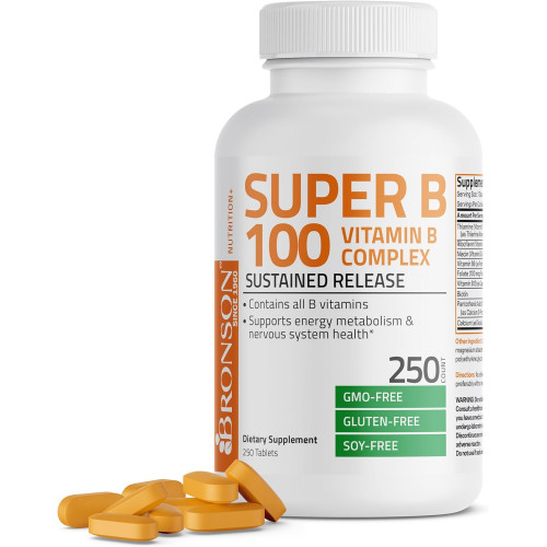 Bronson Super B 100 Vitamin B Complex Sustained Release Містить усі вітаміни групи B (вітамін B1, B2, B3, B6, B9 - фолієва кислота, B12) Підтримує енергетичний обмін і здоров'я нервової системи, без ГМО, 250 таблеток Bronson Super B 100 Vitamin B Complex Sustained Release Містить усі вітаміни групи B (вітамін B1, B2, B3, B6, B9 - фолієва кислота, B12) Підтримує енергетичний обмін і здоров'я нервової системи, без ГМО, 250 таблеток