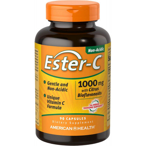 American Health Ester-C з цитрусовими біофлавоноїдами в капсулах - 24-годинна підтримка імунітету, дбайливий для шлунка, некислий вітамін С - без ГМО, без глютену - 1000 мг, 90 штук, 90 порцій American Health Ester-C з цитрусовими біофлавоноїдами в капсулах - 24-годинна підтримка імунітету, дбайливий для шлунка, некислий вітамін С - без ГМО, без глютену - 1000 мг, 90 штук, 90 порцій