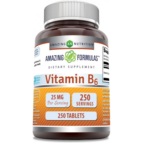 Amazing Formulas Вітамін B6 Піридоксин 25 мг 250 таблеток Доповнення | Без ГМО | Без глютену | Зроблено в США Amazing Formulas Вітамін B6 Піридоксин 25 мг 250 таблеток Доповнення | Без ГМО | Без глютену | Зроблено в США