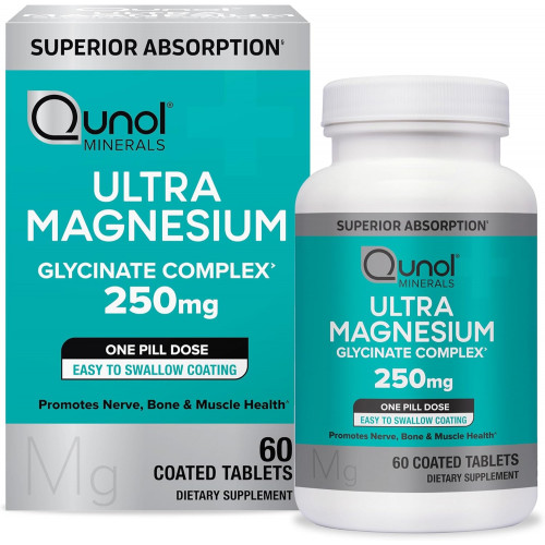 Гліциніновий комплекс Qunol Magnesium, ніжний на шлунку, 250 мг однієї дози таблетки, магній, що поглинає верхівка, добавка для здоров’я кісток та м’язів, 60 числа (упаковка 1) Гліциніновий комплекс Qunol Magnesium, ніжний на шлунку, 250 мг однієї дози таблетки, магній, що поглинає верхівка, добавка для здоров’я кісток та м’язів, 60 числа (упаковка 1)