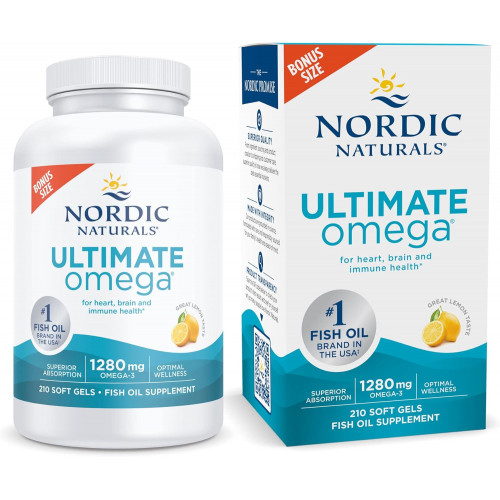Nordic Naturals Ultimate Omega, зі смаком лимона - 210 м'яких гелів - 1280 мг Омега-3 - Високопотенційний риб'ячий жир Омега-3 з EPA та DHA - Сприяє здоров'ю мозку та серця - Без ГМО - 105 порцій Nordic Naturals Ultimate Omega, зі смаком лимона - 210 м'яких гелів - 1280 мг Омега-3 - Високопотенційний риб'ячий жир Омега-3 з EPA та DHA - Сприяє здоров'ю мозку та серця - Без ГМО - 105 порцій